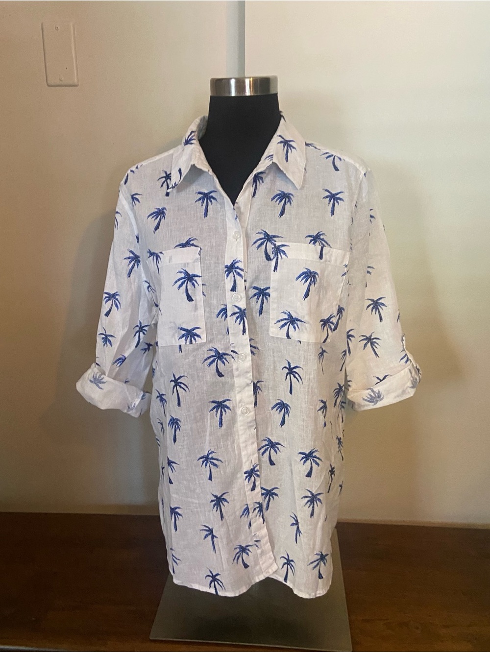 Chico's White Button-Down Shirt with Blue Palm Print